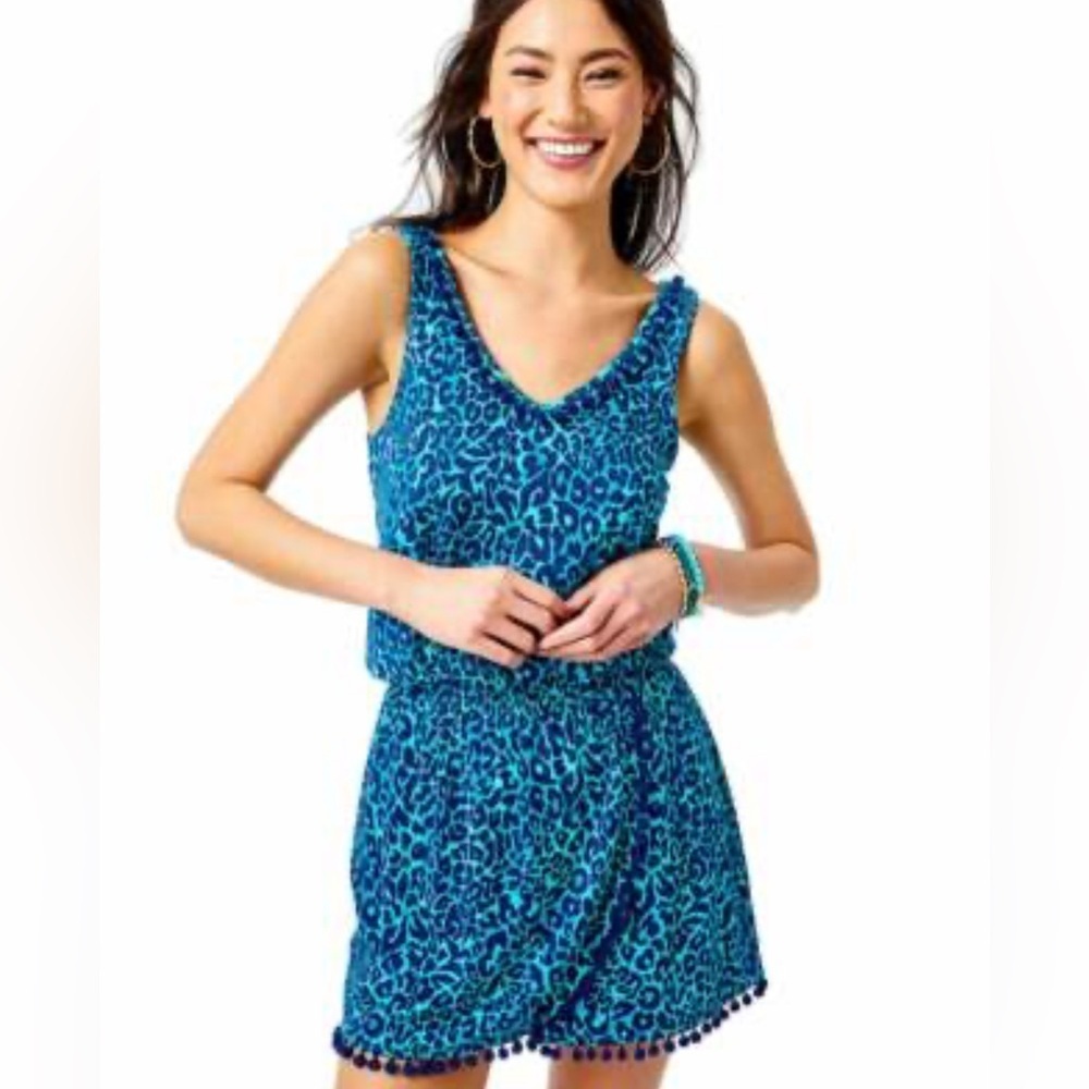 Lilly Pulitzer Blue Jumpsuit with V-Neckline romper jumper leopard spots